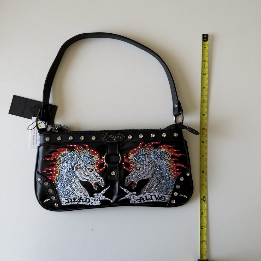 Ed Hardy Womens Shoulder Purse Bag Horses Tattoo Dead Alive Studs Black NWT Y2K - Picture 8 of 8